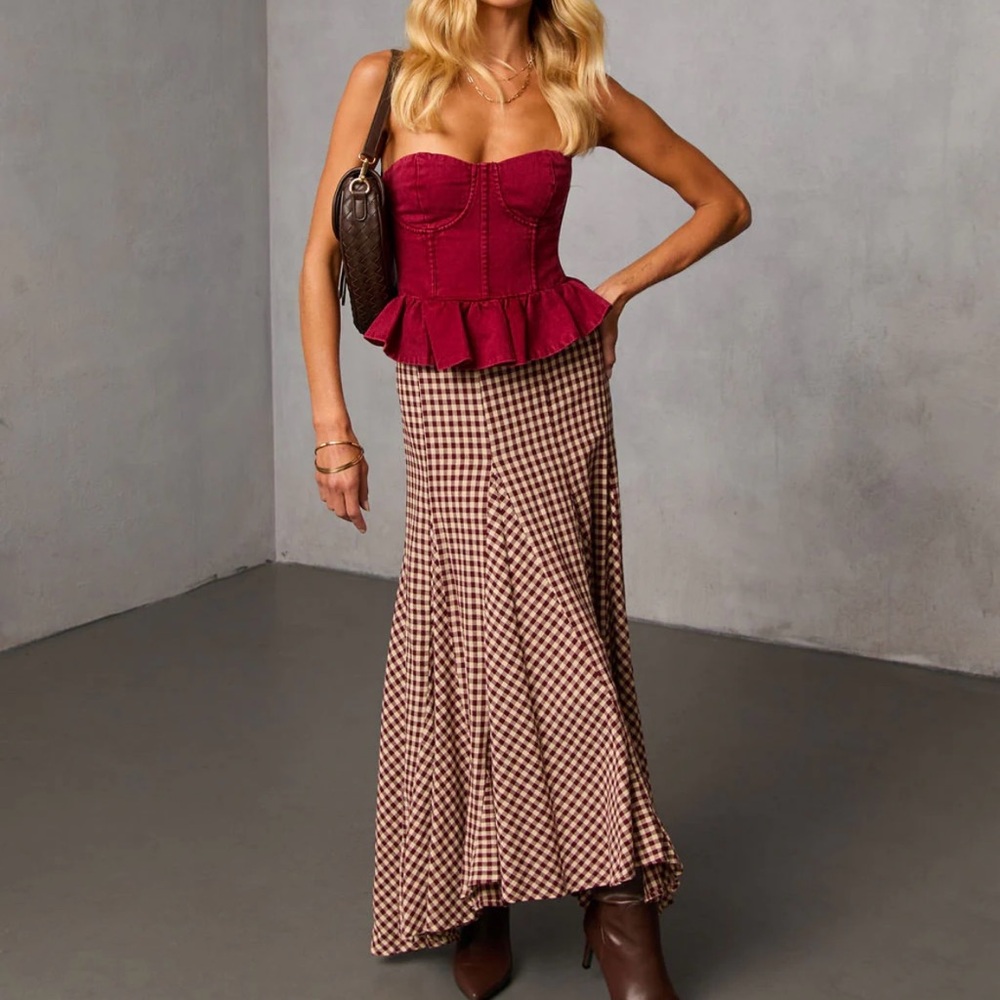 NEW Vici Collection Wine & Cream Gingham Maxi Skirt, Size Small